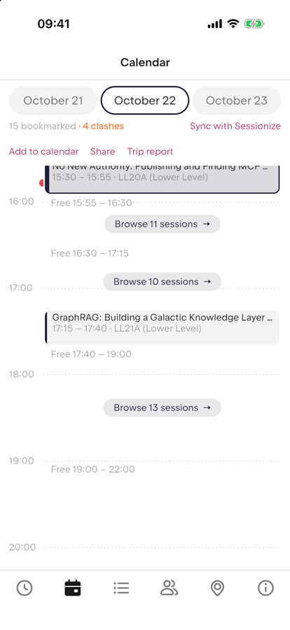 The calendar day view with a red line for the current time and the active session outlined.