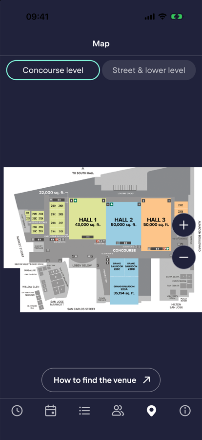 The venue floor map in dark mode.