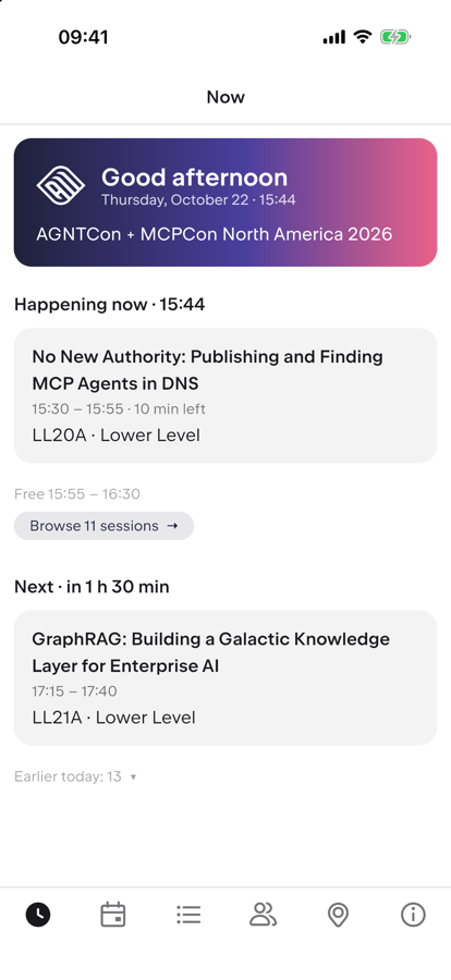 The Now screen: the session happening now with the minutes left, the next session, and free time.