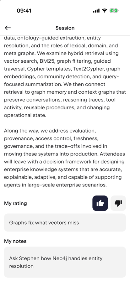 A session page with a thumbs-up rating, a one-line takeaway and a notes field.